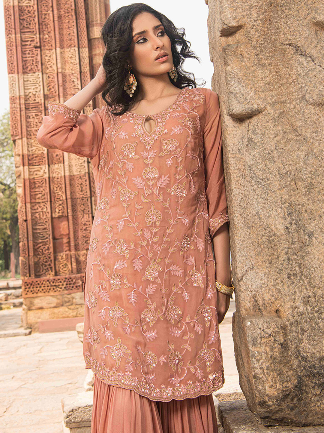 The Front Row Women Floral Regular Aari Work Pure Silk Kurti with Sharara & With Dupatta