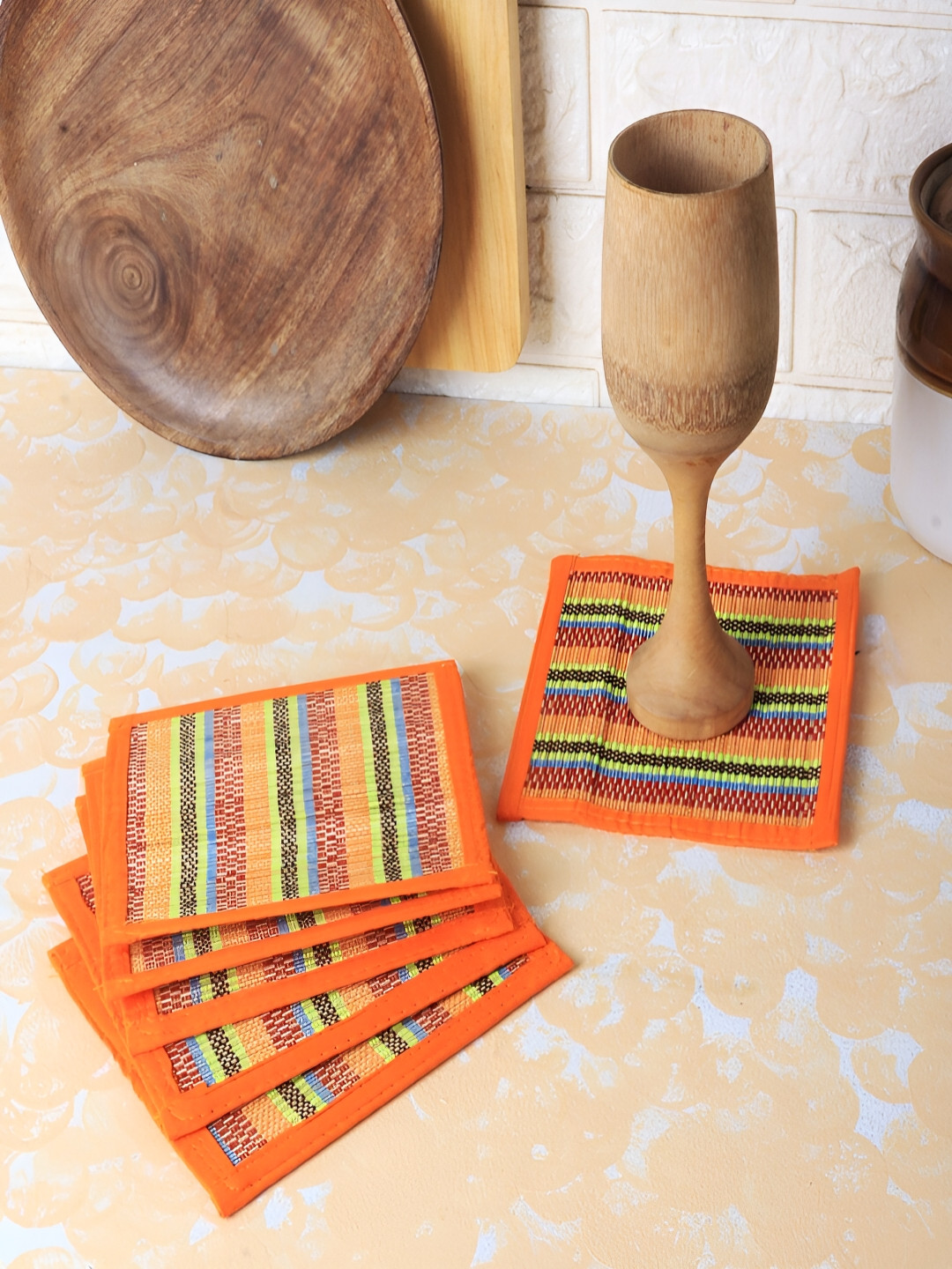 Silpakarman Orange & Beige 6 Pieces Bamboo Square Coasters