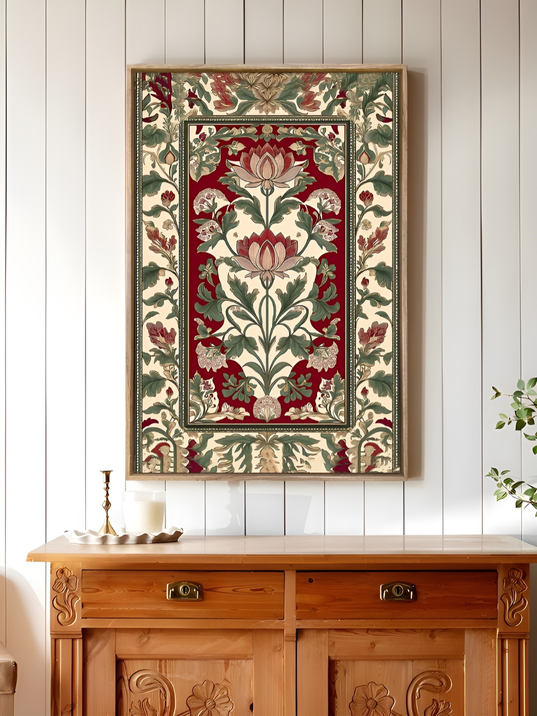 Art Street Cream-Coloured & Red Indian Lotus Floral Canvas Wall Art