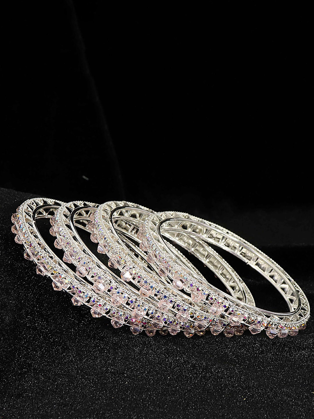 ZULKA Set of 4 Stylish Metal Zircon Gemstone & Pearls Beads Bangles Kada