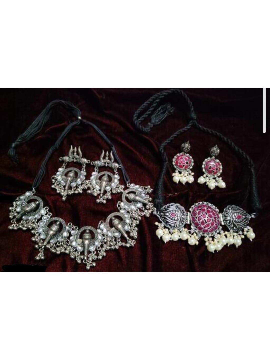 SUNHARI Set Of 2 Silver-plated Oxidised Necklace & Earrings