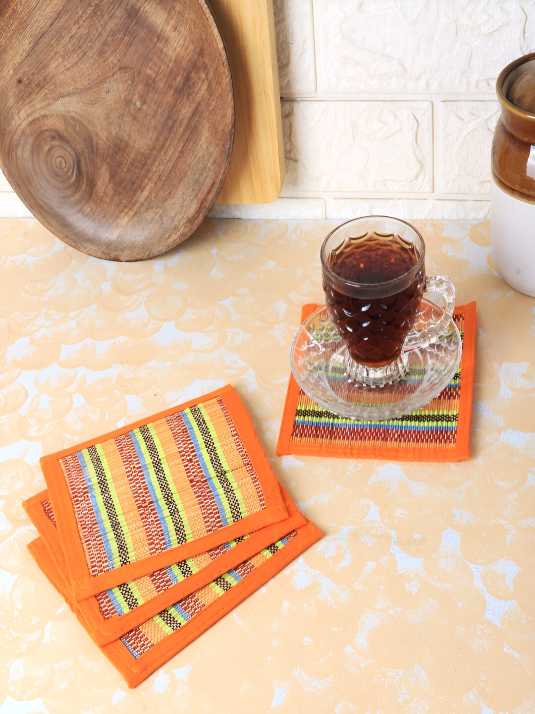 Silpakarman Orange-Color & Green 4 Pieces Patterned Bamboo Square Coasters
