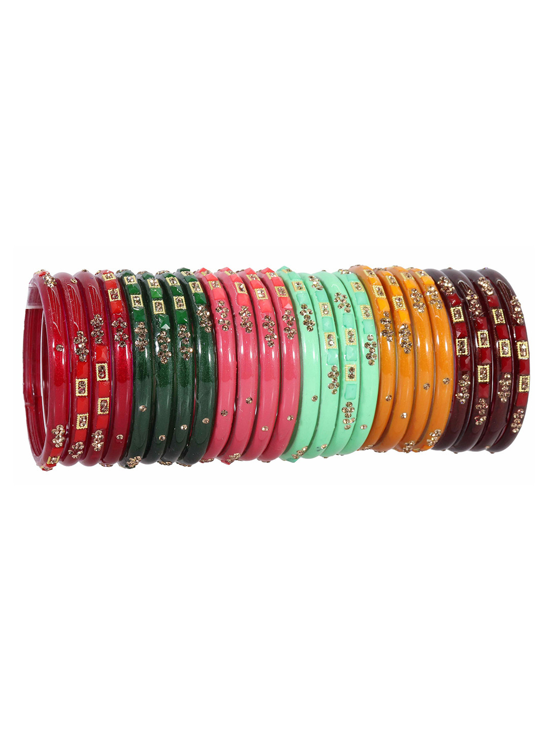 ZULKA Set of 24 Glass Golden Zircon Stone & Beads Bangles Bangles