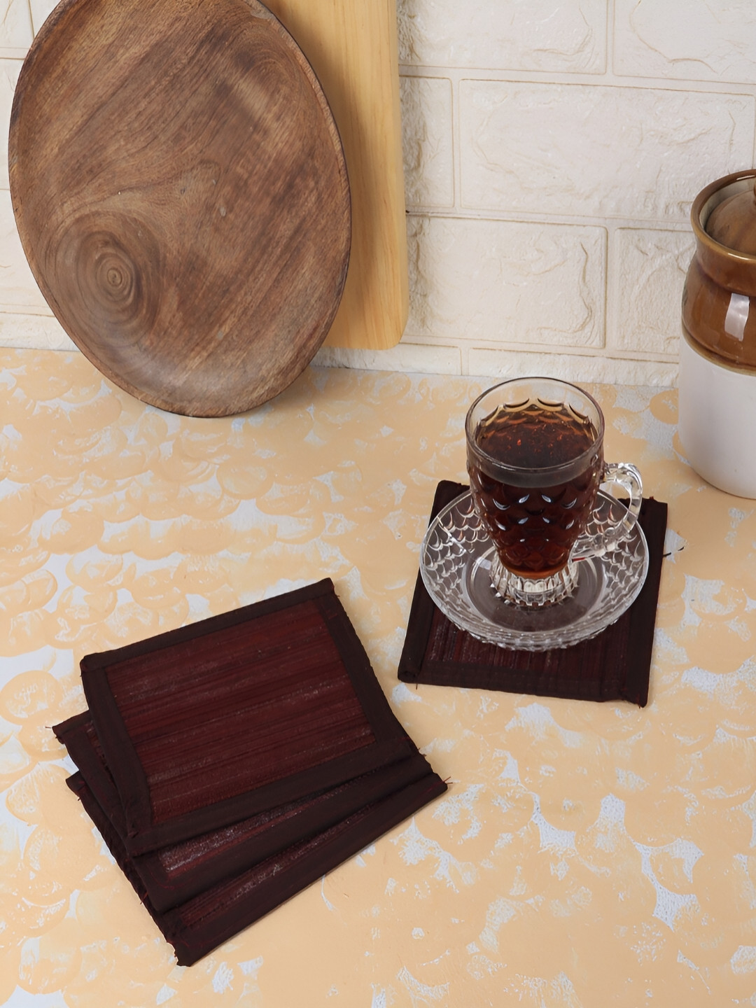 Silpakarman Brown 4 Pieces Patterned Bamboo Sticks & Cotton Threads Square Coasters