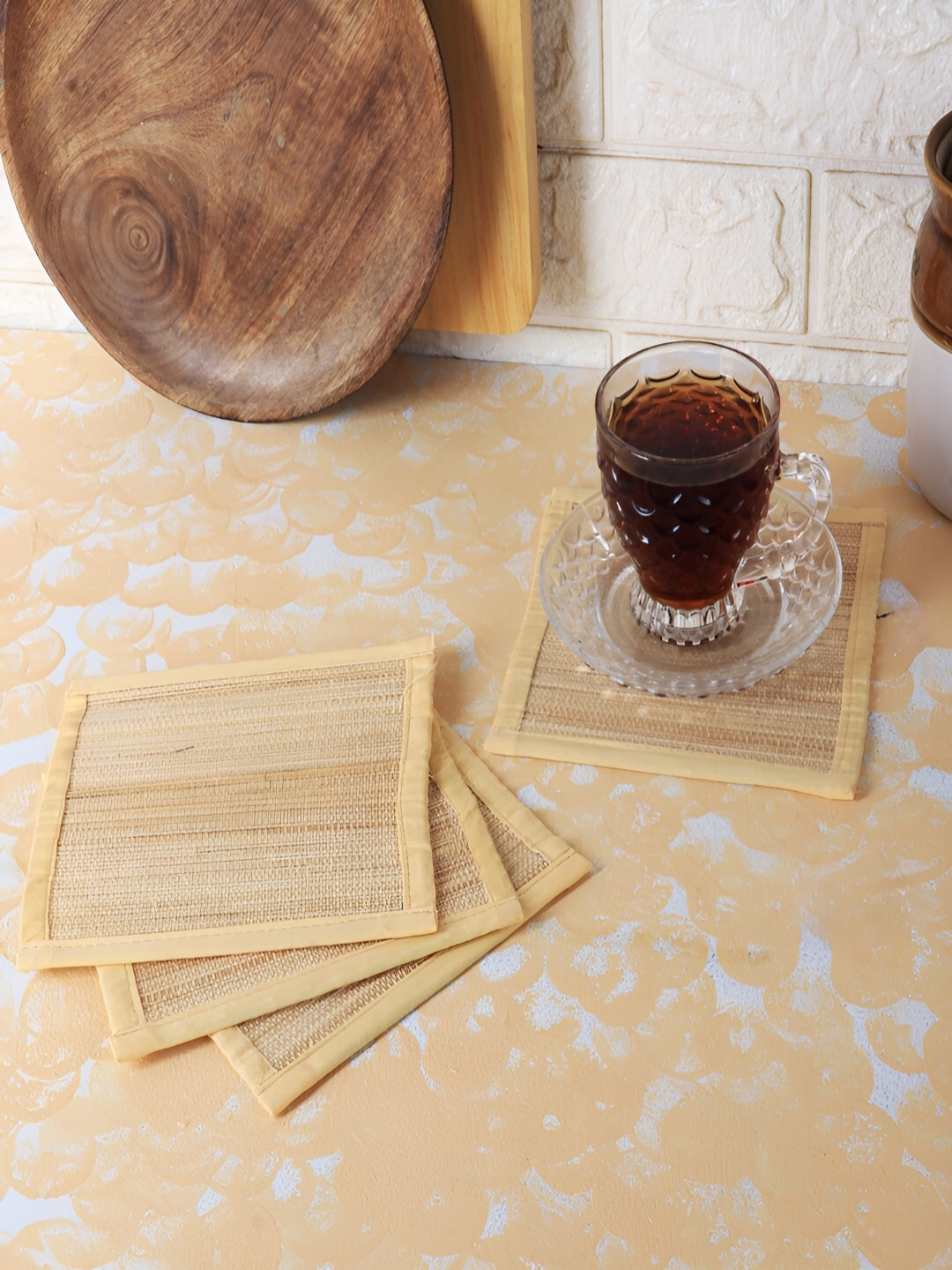 Silpakarman Beige 4 Pieces Bamboo Square Coasters