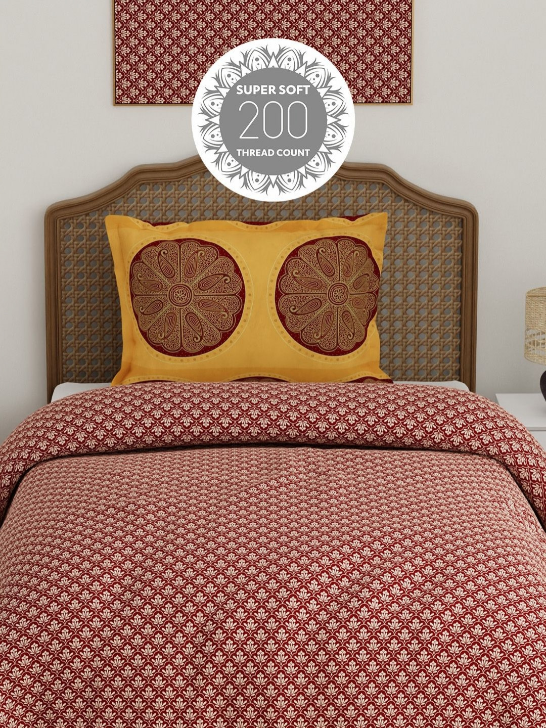 Boutique Living India Maroon Ethnic 200 TC Cotton Single Bedsheet Set 2.24 m x 1.52 m