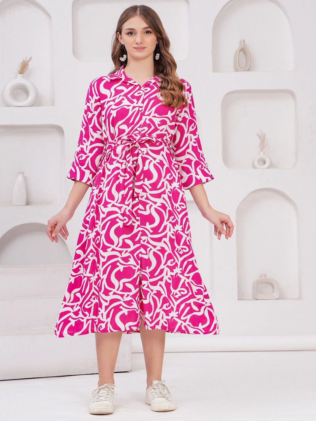 SARAI CREATIONS Women Printed Belted Fit and Flare Midi Dress