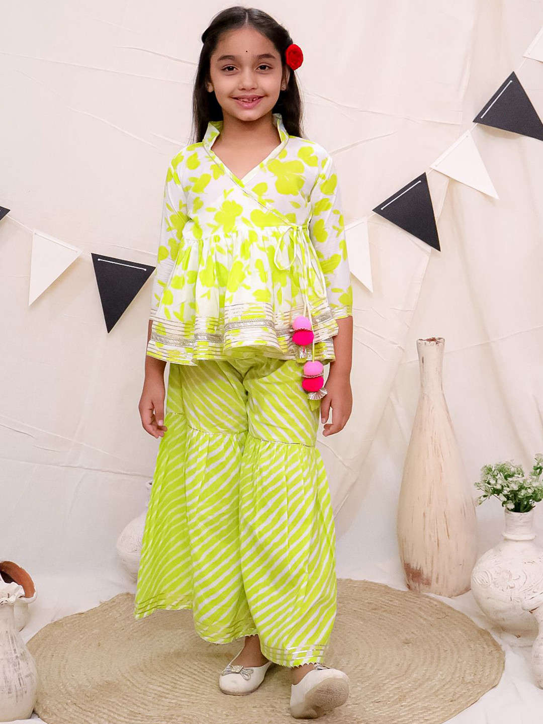 Ka-mee Girls Mandarin Collar Floral Printed Pure Cotton A-Line Kurti with Sharara