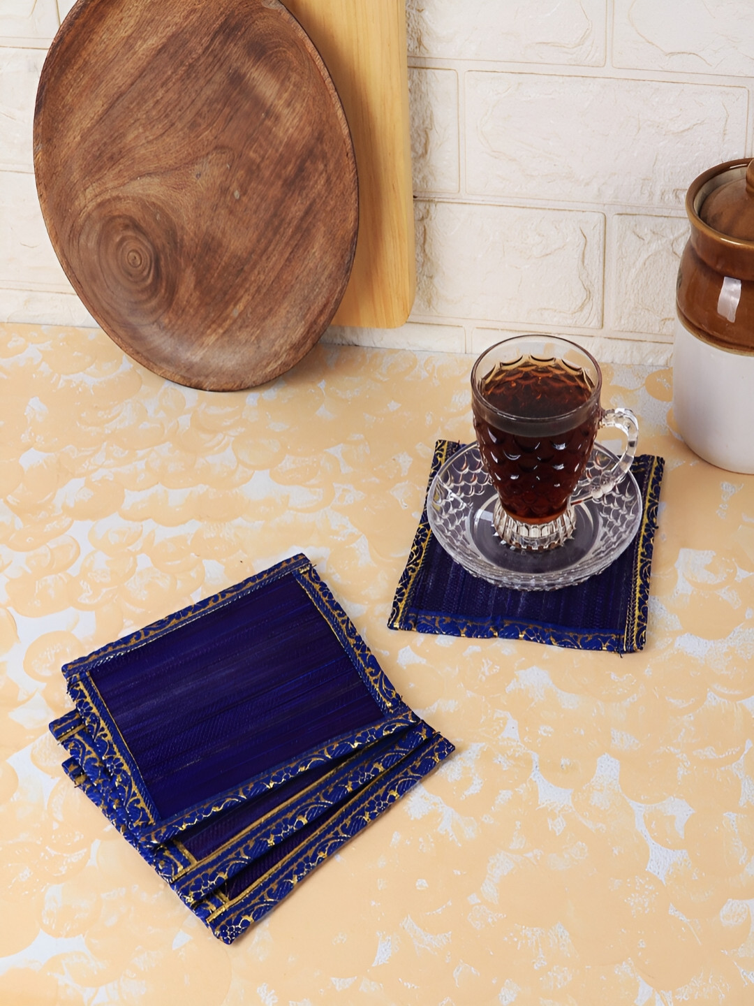 Silpakarman Blue & Gold-Toned 4 Pieces Self Design Bamboo Square Coasters
