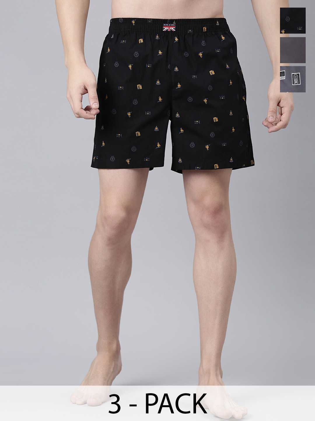 Pepe Jeans Men Pack Of 3 Printed Cotton Boxers ATB06-03N-GREY-GREY-BLK