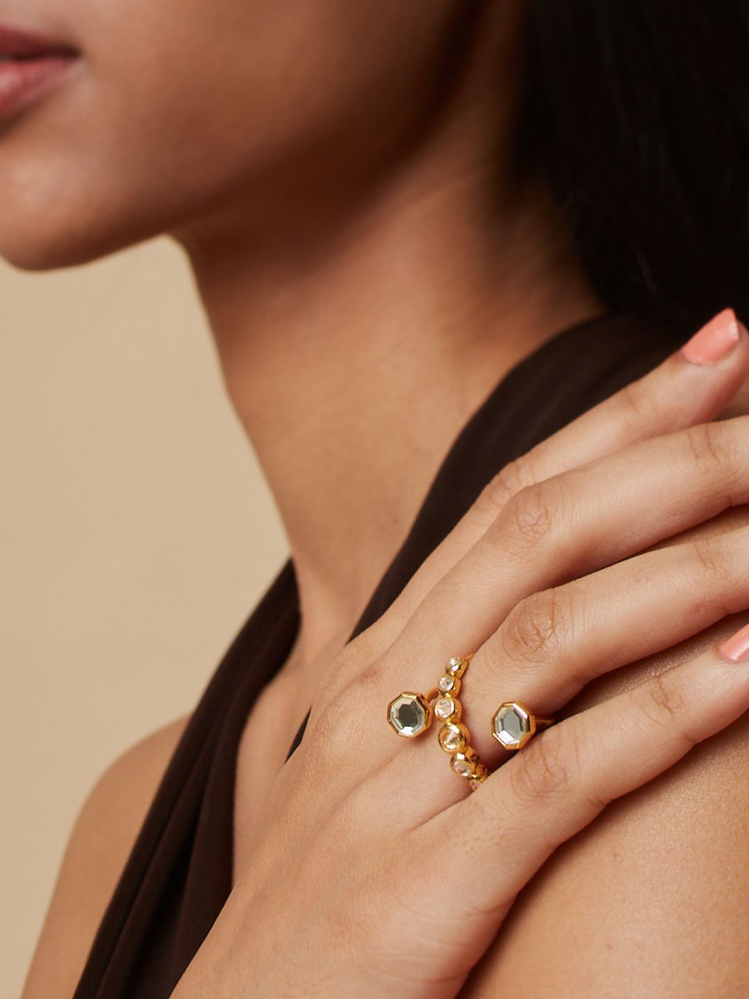 Isharya Gold Plated Mirror Studded Adjustable Finger Ring