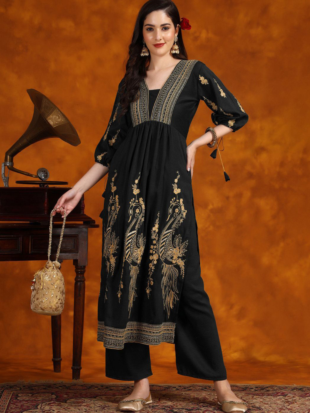 Sangria Black Quirky Embroidered V-Neck Three-Quarter Sleeves Empire A-Line Kurta