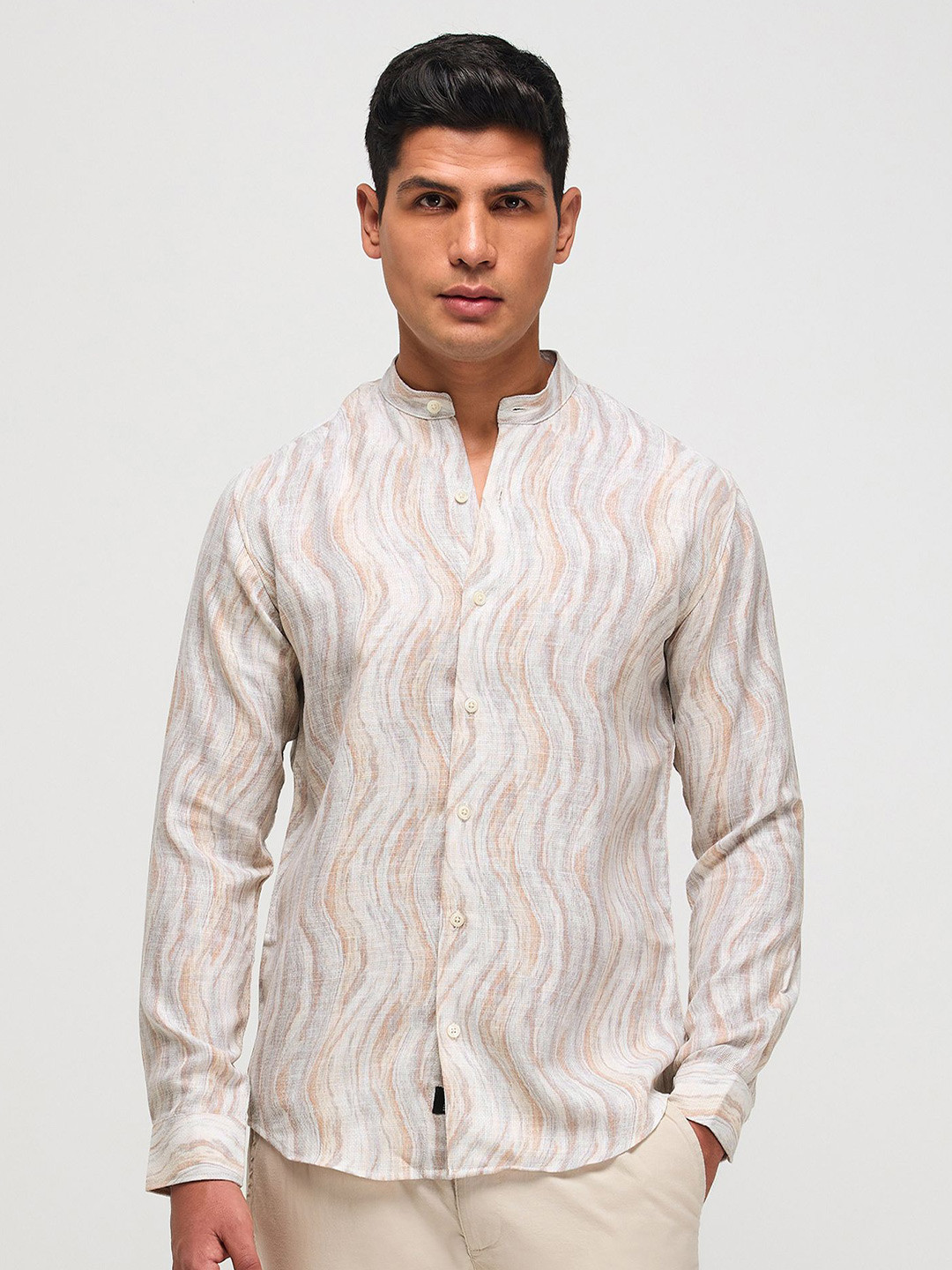 Red Flame Men Band Collar Abstract Printed Cotton Linen Casual Shirt