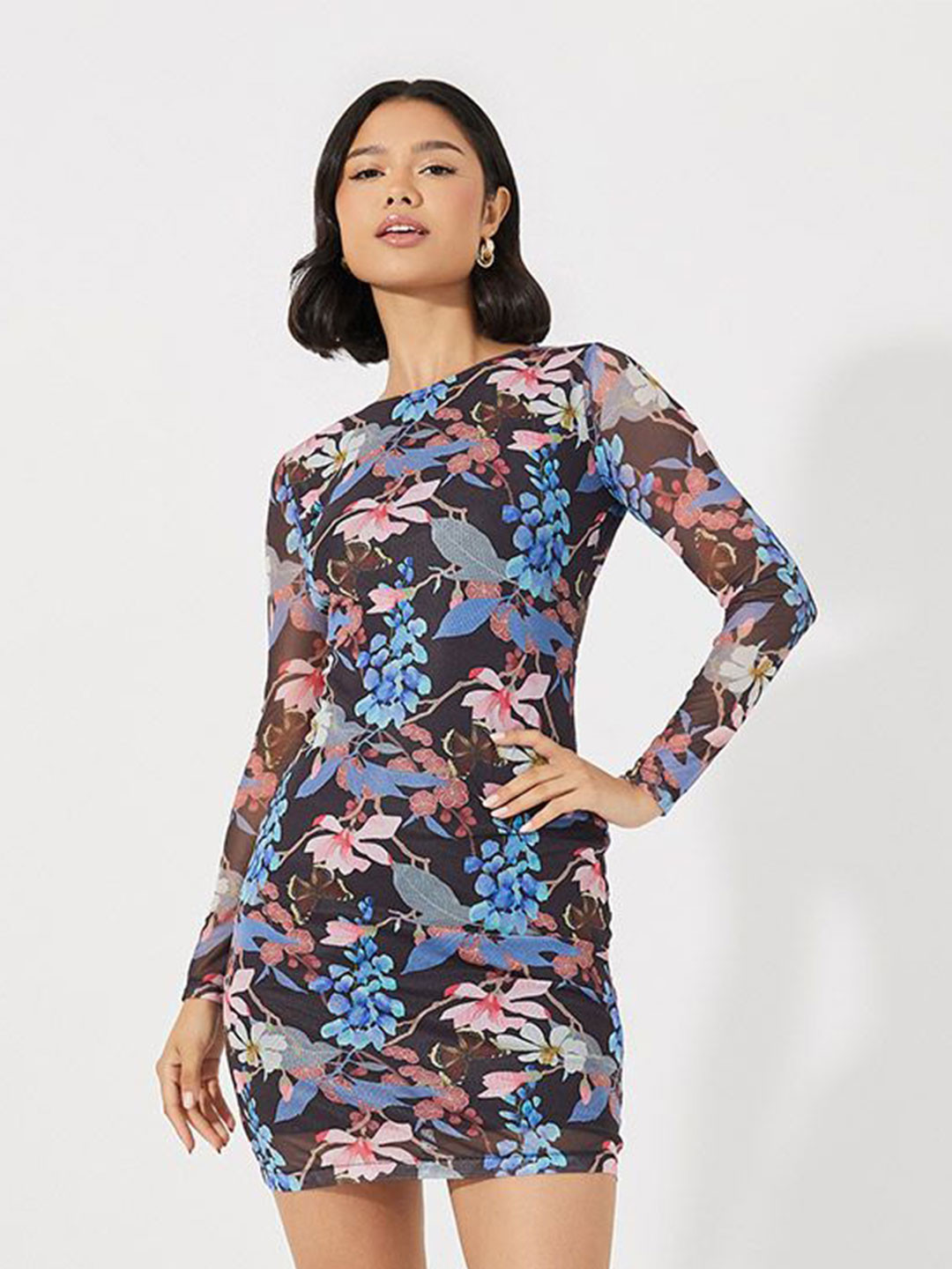 Styli Women Floral Print Long Sleeve Bodycon Mini Dress
