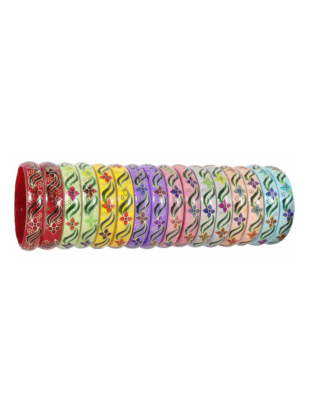 ZULKA Set of 16 Multi Colour Glass Kada Combo with Flower Print