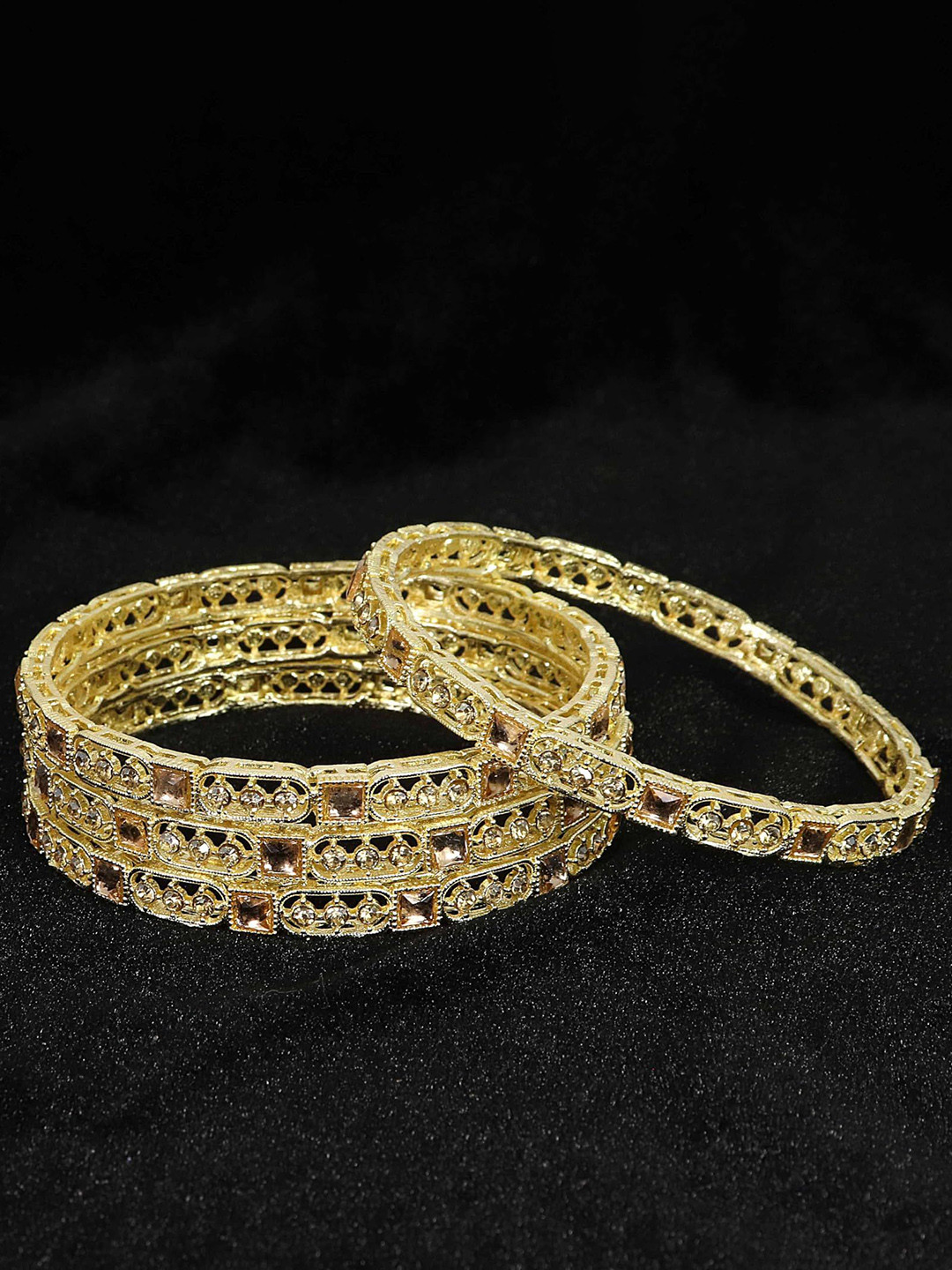 Set of 4 Golden Zircon Stone & Kundan Mirror Work Premium Metal Bangles