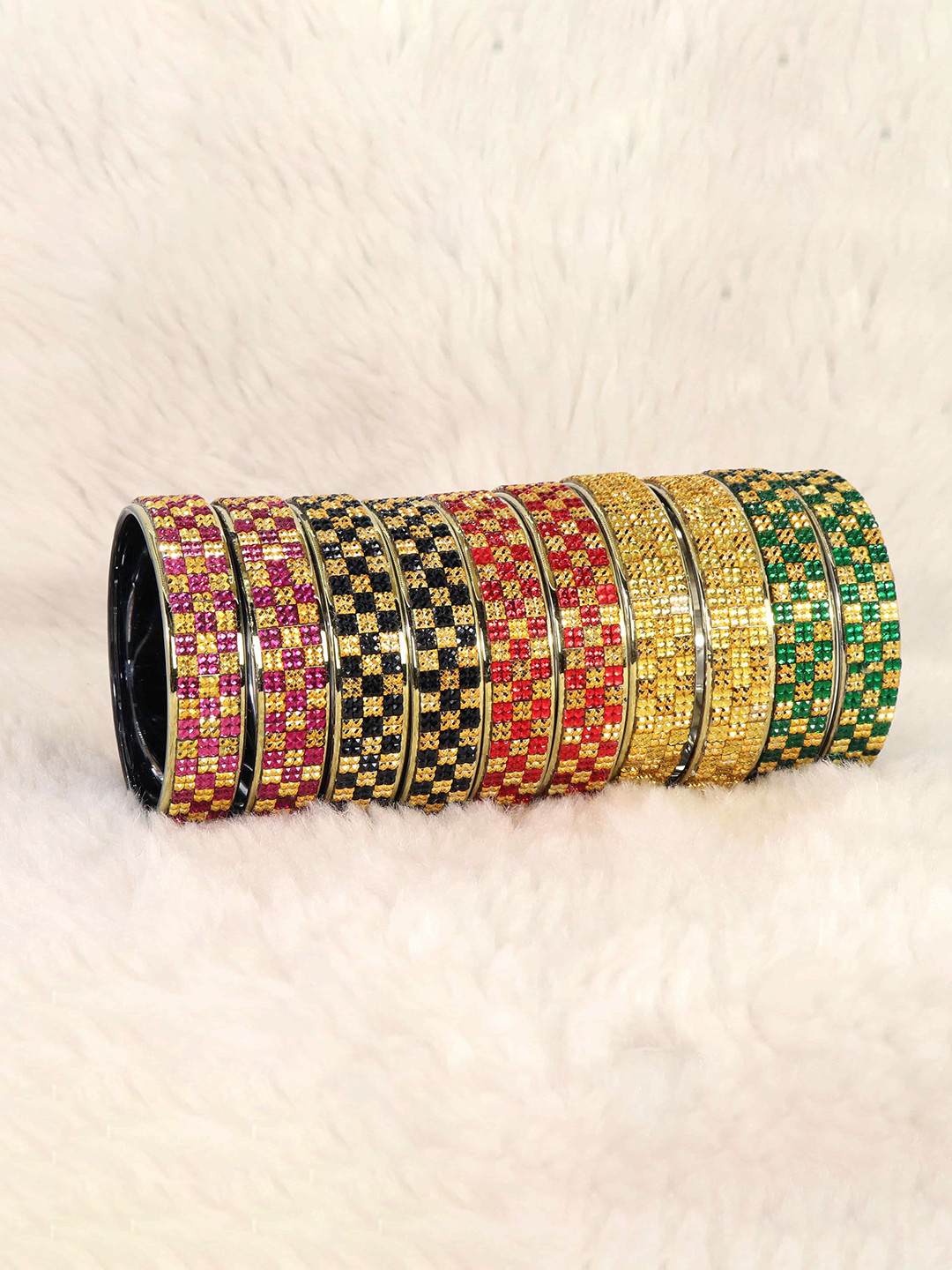 ZULKA Set of 10 Golden Glass & Beads Work Multicolour Kada Bangles