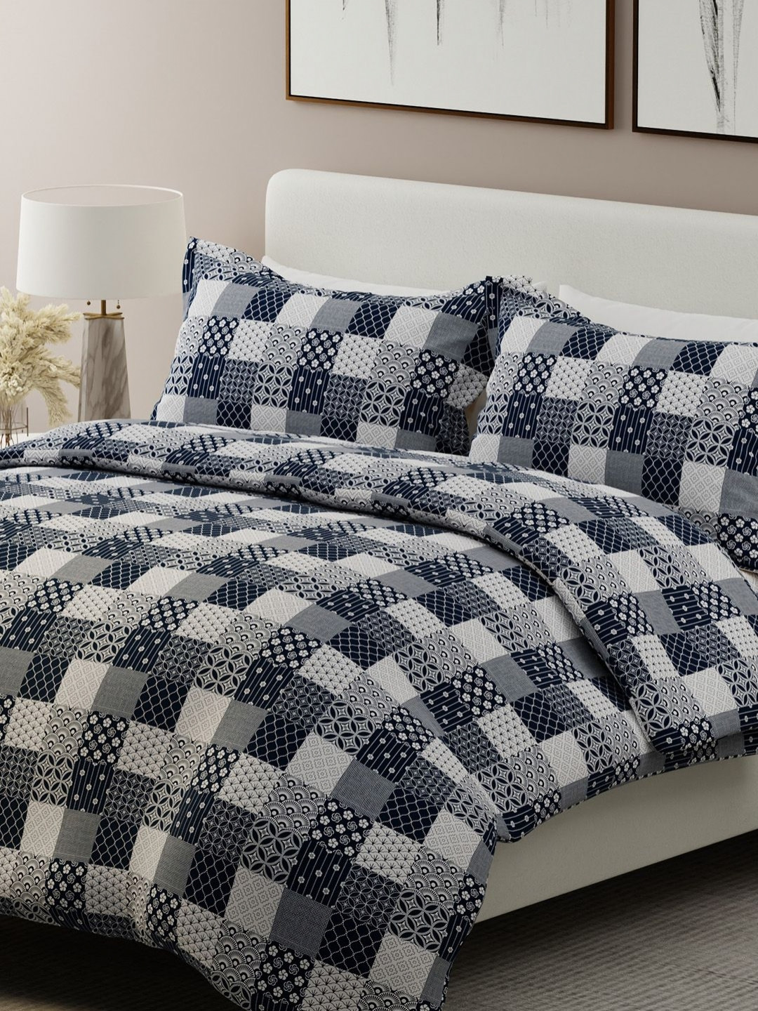 Boutique Living India Navy Blue Printed Pure Cotton 200TC King Bedsheet Set 2.74 m x 2.74m