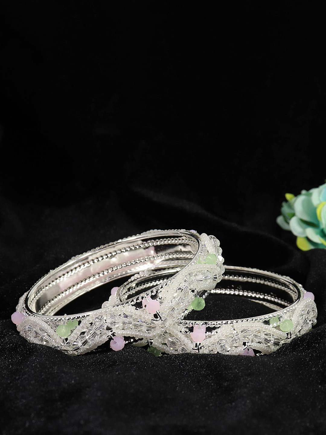 ZULKA Set of 2 White & Pink Beaded Silver-Plated Metal Bangles
