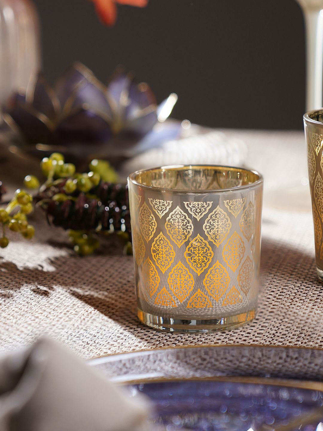 Pure Home and Living Gold-Toned & White Ethinic Motifs printed Votive Candle Holder