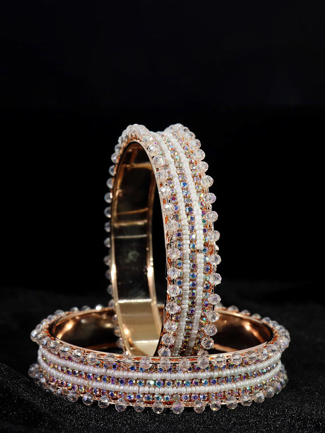 ZULKA Set of 2 Designer White Pearls Zircon Gemstone Metal Bangles