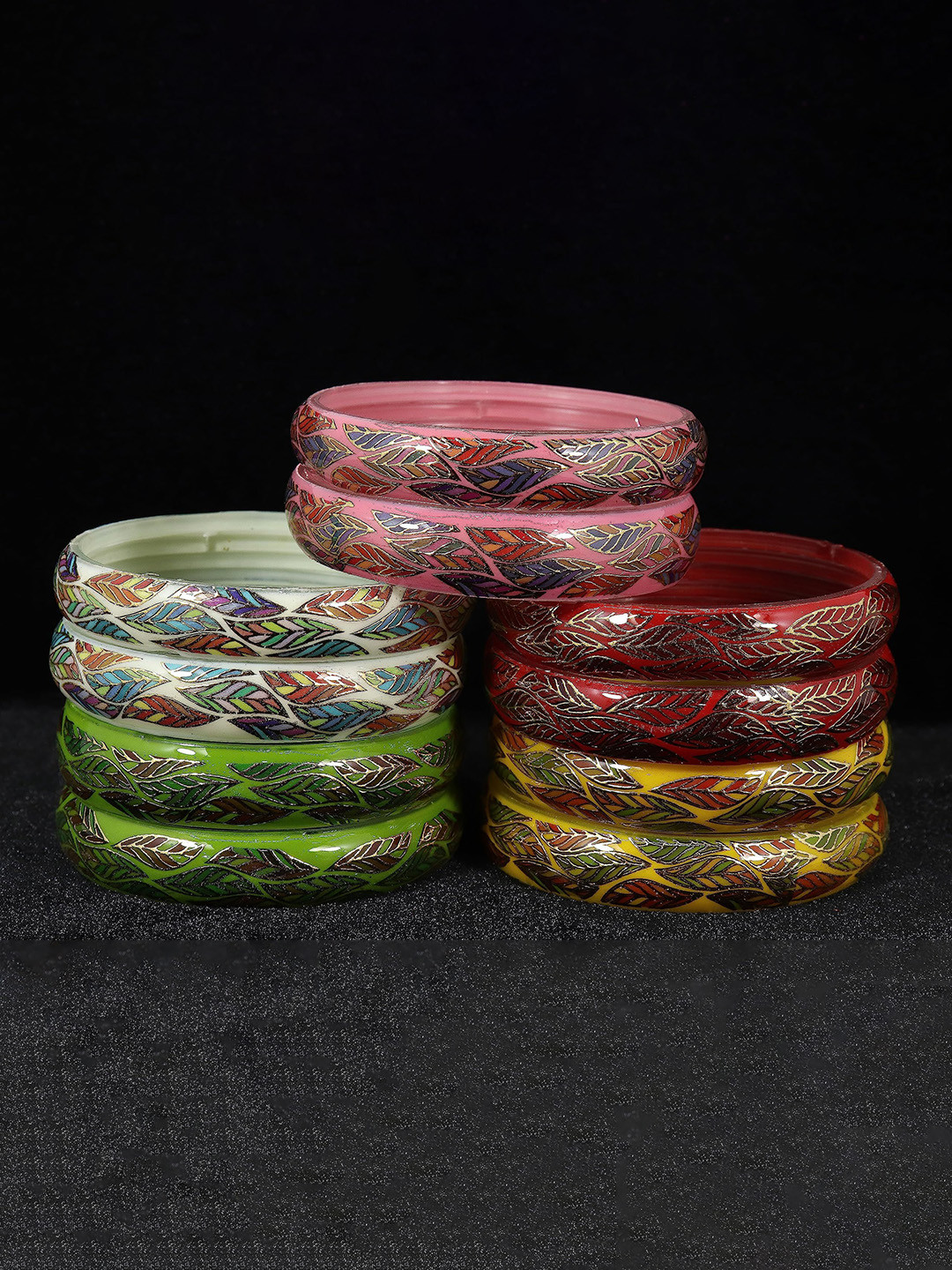 ZULKA Set of 10 Alloy Base Leaf Printed Glass Bangels