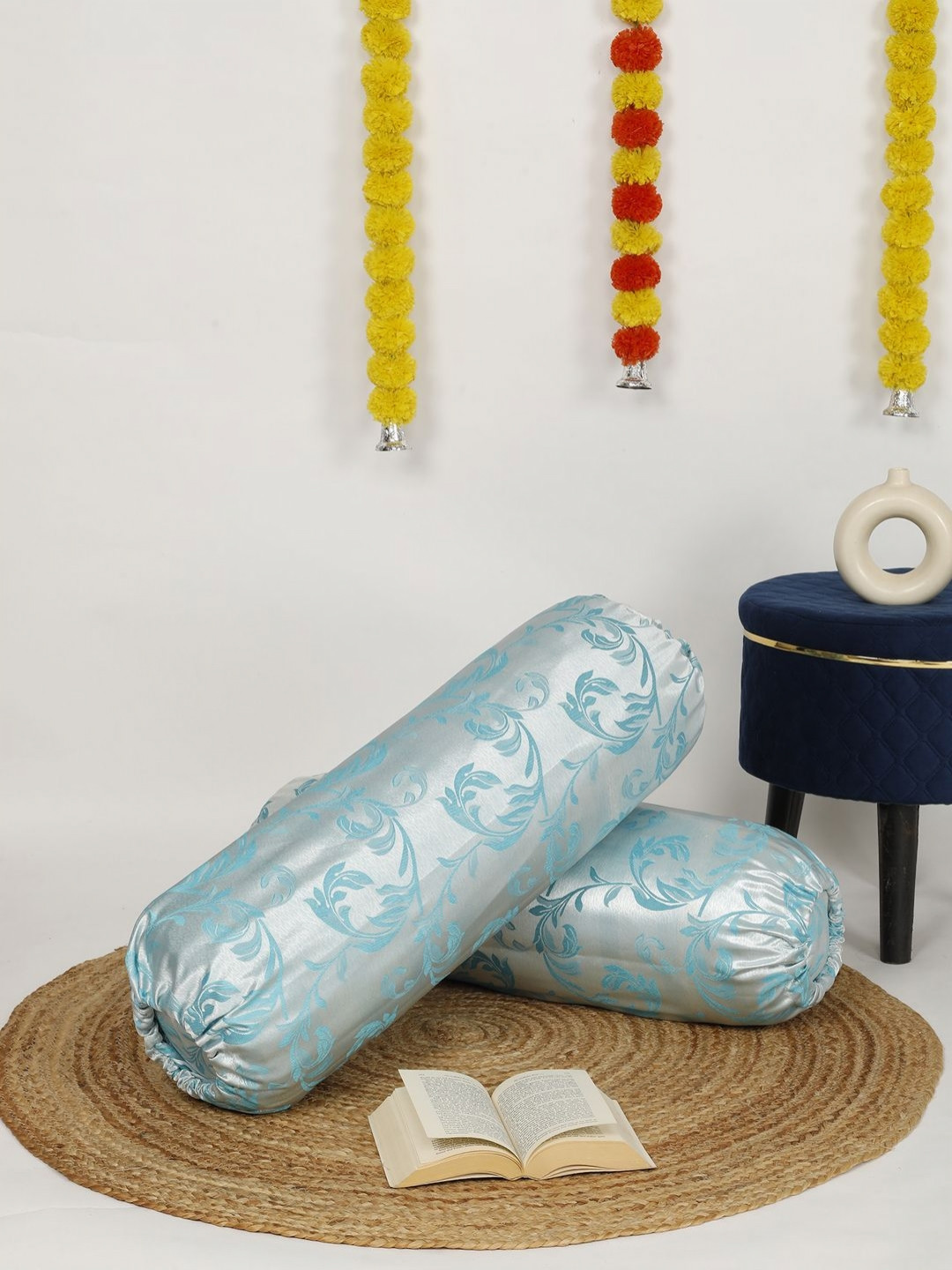 THE CONVERSION Silver-Toned & Aqua-Blue 2 Pieces Floral Printed Jacquard Bolster Covers