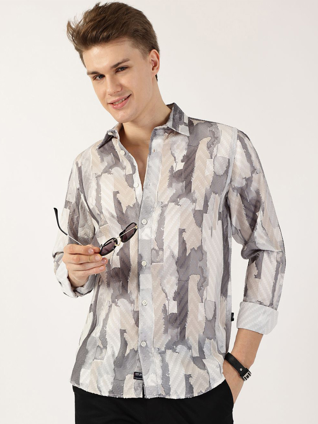 Thomas Scott Men Premium Spread Collar Abstract Printed Cotton Slim Fit Casual Shirt