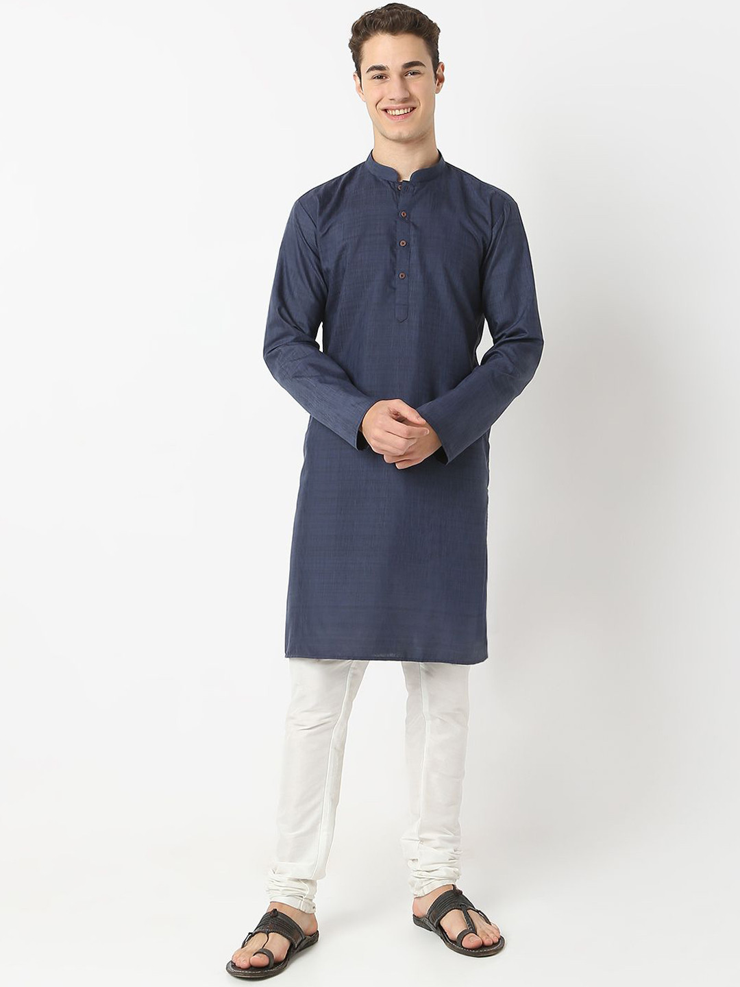 BELLAZO Mandarin Collar Khadi Cotton Silk Straight Kurta