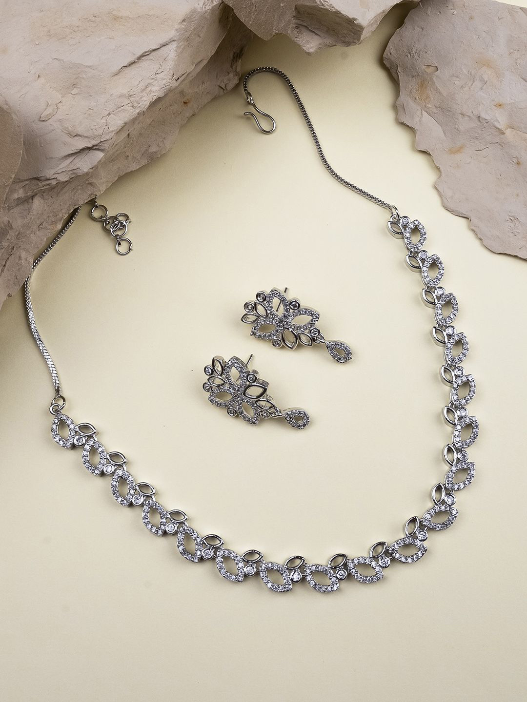 StileAdda Silver-Plated American Diamond Studded Sleek Design Jewellery Set