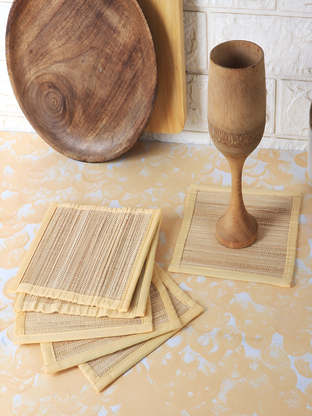 Silpakarman Beige 6 Pieces Bamboo Square Coasters