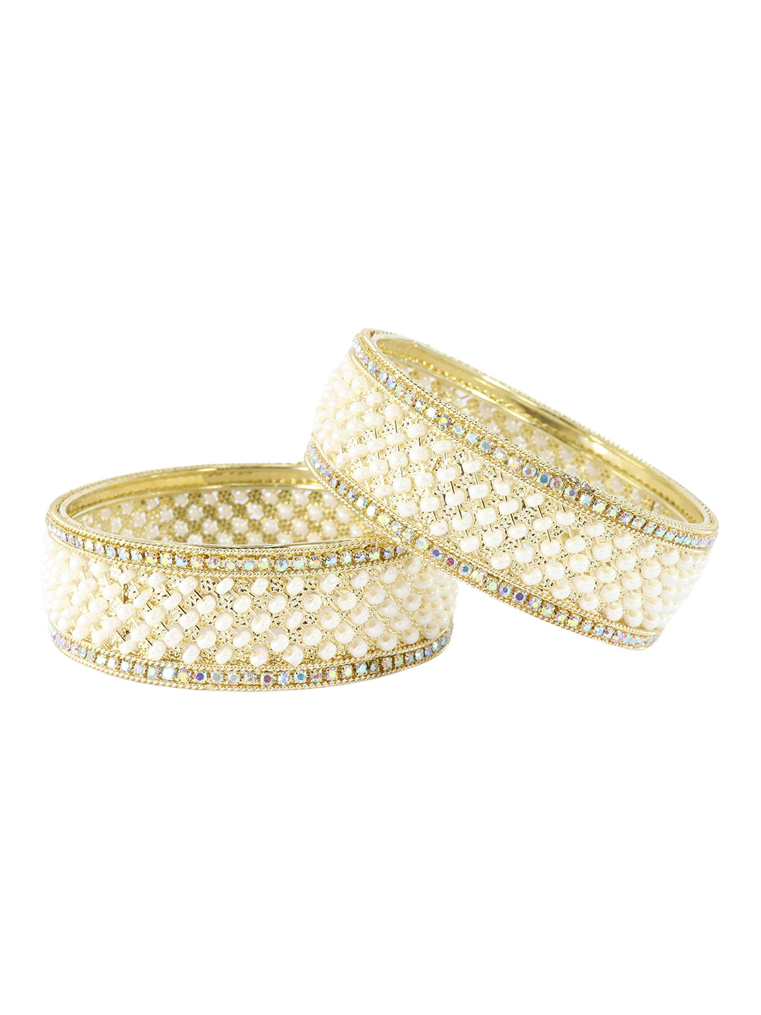 ZULKASet of 2 Premium Metal White Moti Pearls & Diamond Kada Bangles