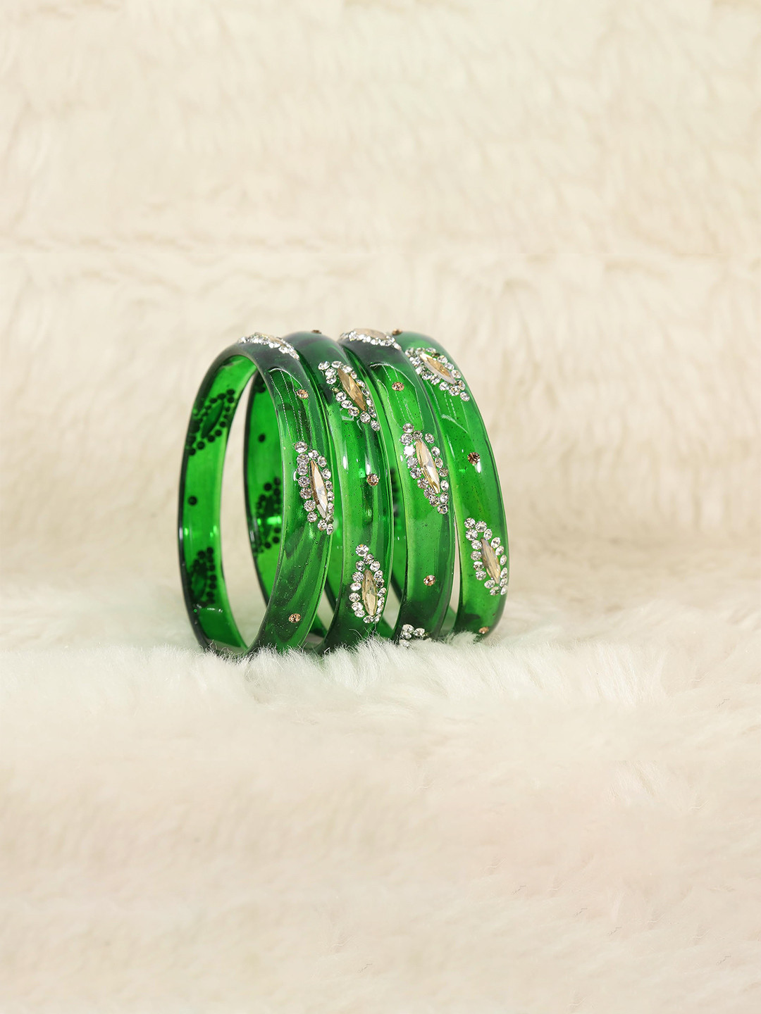 ZULKA Set of 4 Zircon Gemstone Stone Studded and Beaded Glass Bangles