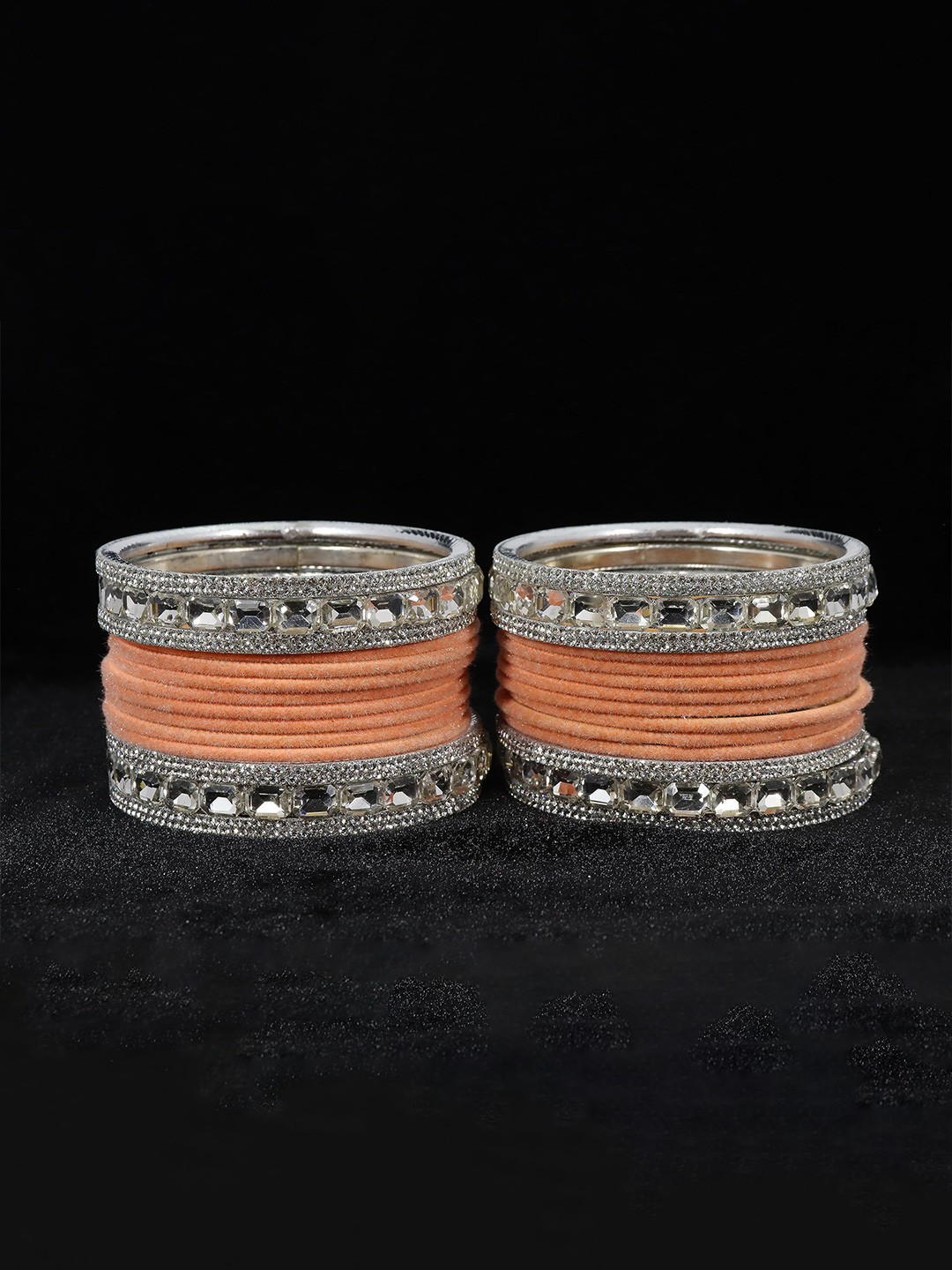 ZULKA Pack Of 28  Velvet and Zircon Gemstone Studded Metal Bangles