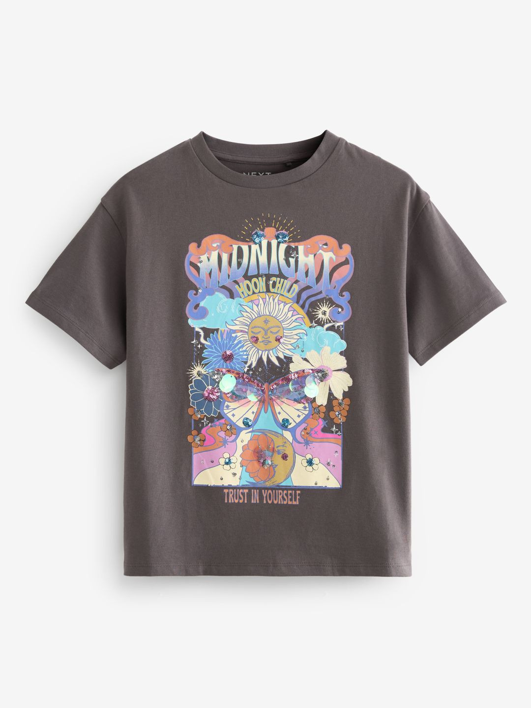 NEXT Girls MOONCHILD CELESTIAL Printed Drop-Shoulder Sleeves Pure Cotton T-shirt