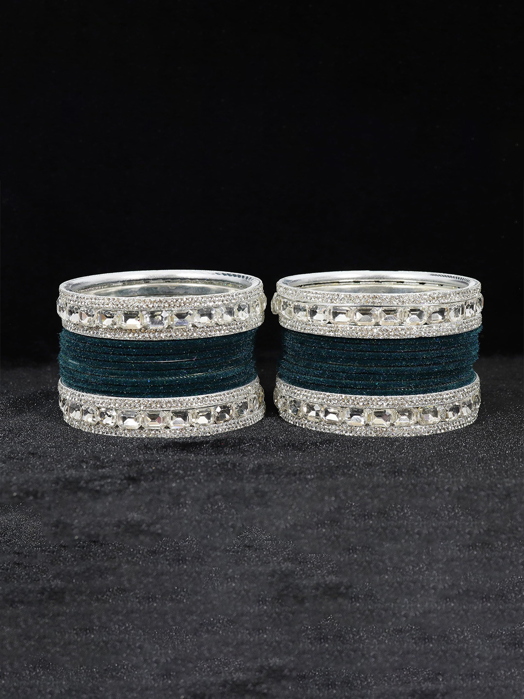 ZULKA Set Of 28 Alloy Base Velvet Finish Studded With Zircon Gemstone Bangles