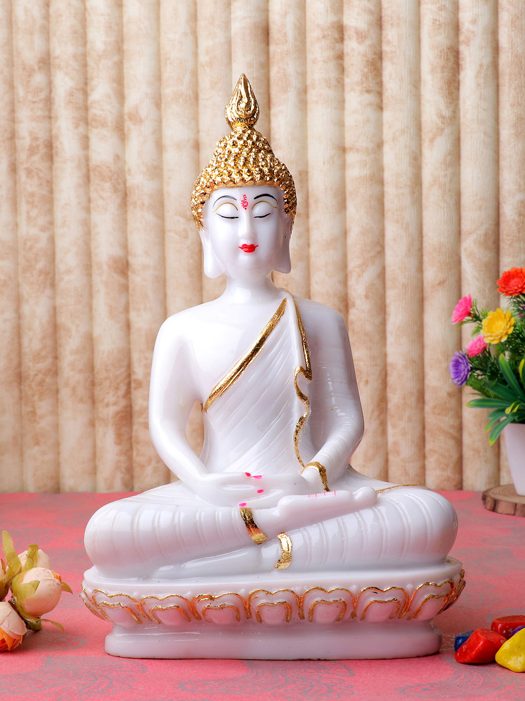 GW CREATIONS Buddha White Marble Glossy Living Room Hand-Crafted Large Showpiece - 2.8 Inches