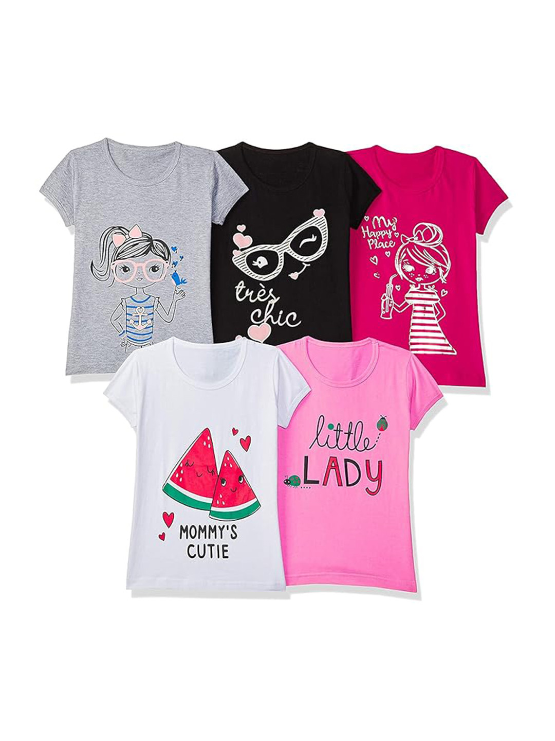 Suman Tex Girls Pack Of 5 Graphic Printed Round Neck Cotton T-shirts