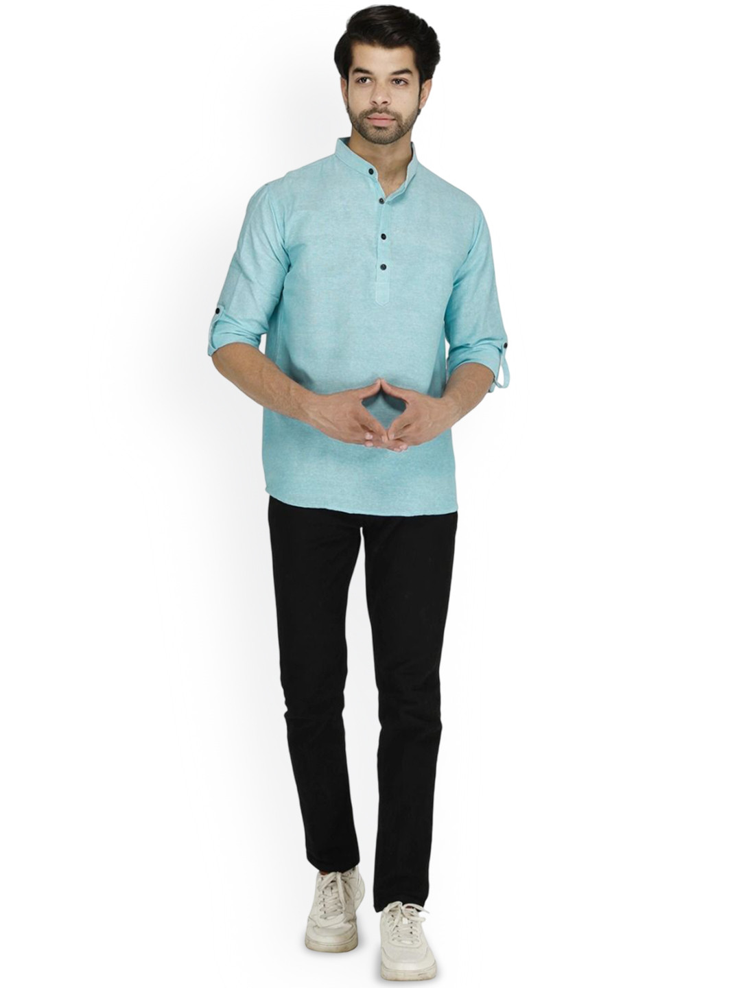 Aaryavar Mandarin Collar Roll-Up Sleeves Pure Cotton Straight Kurta