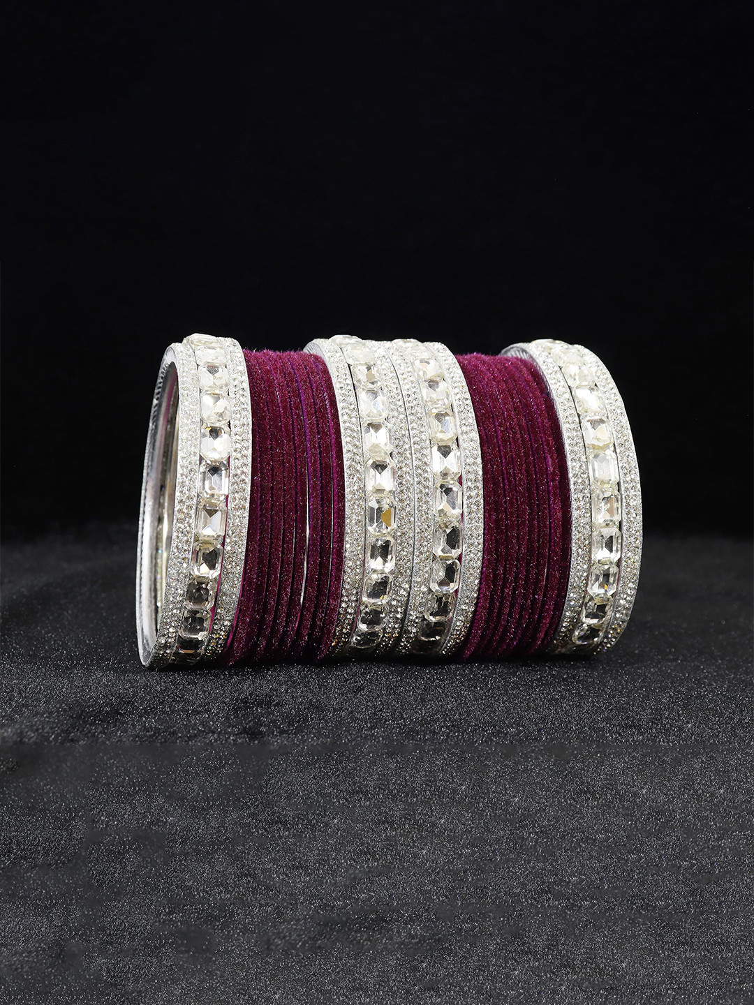 ZULKA Set Of 28 Silver Plated Metal Bangles Studded with Zircon Gemstone & Velvet Bangles