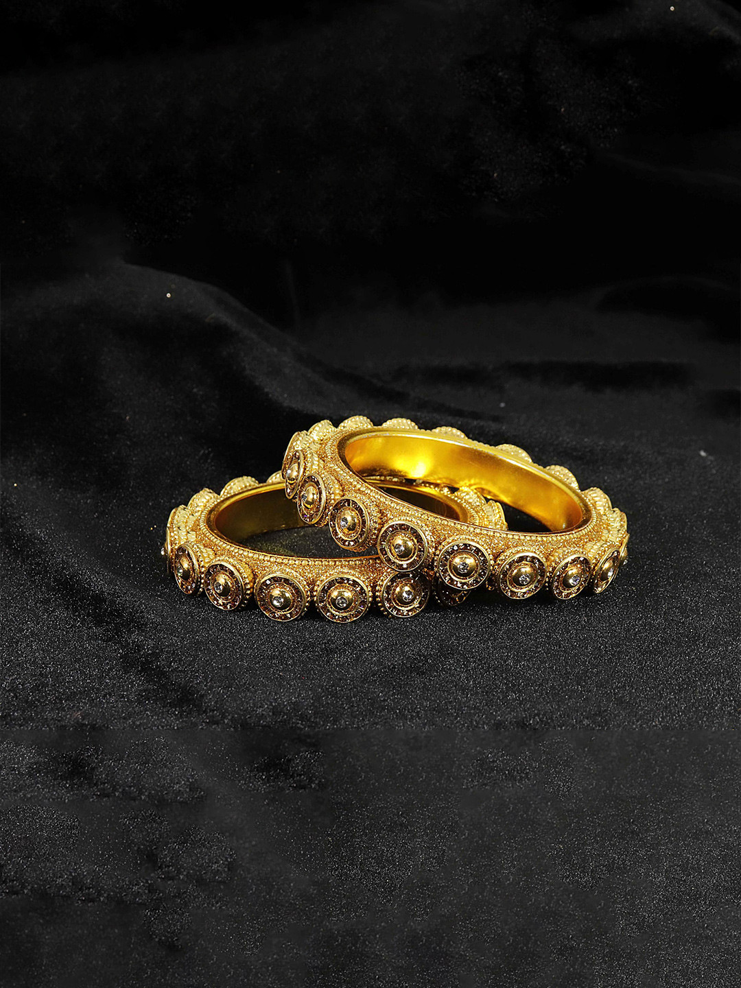 ZULKA Set Of 2 Gold Plated Metal with Zircon Stones & Beads Rajwadi Bangles Kada