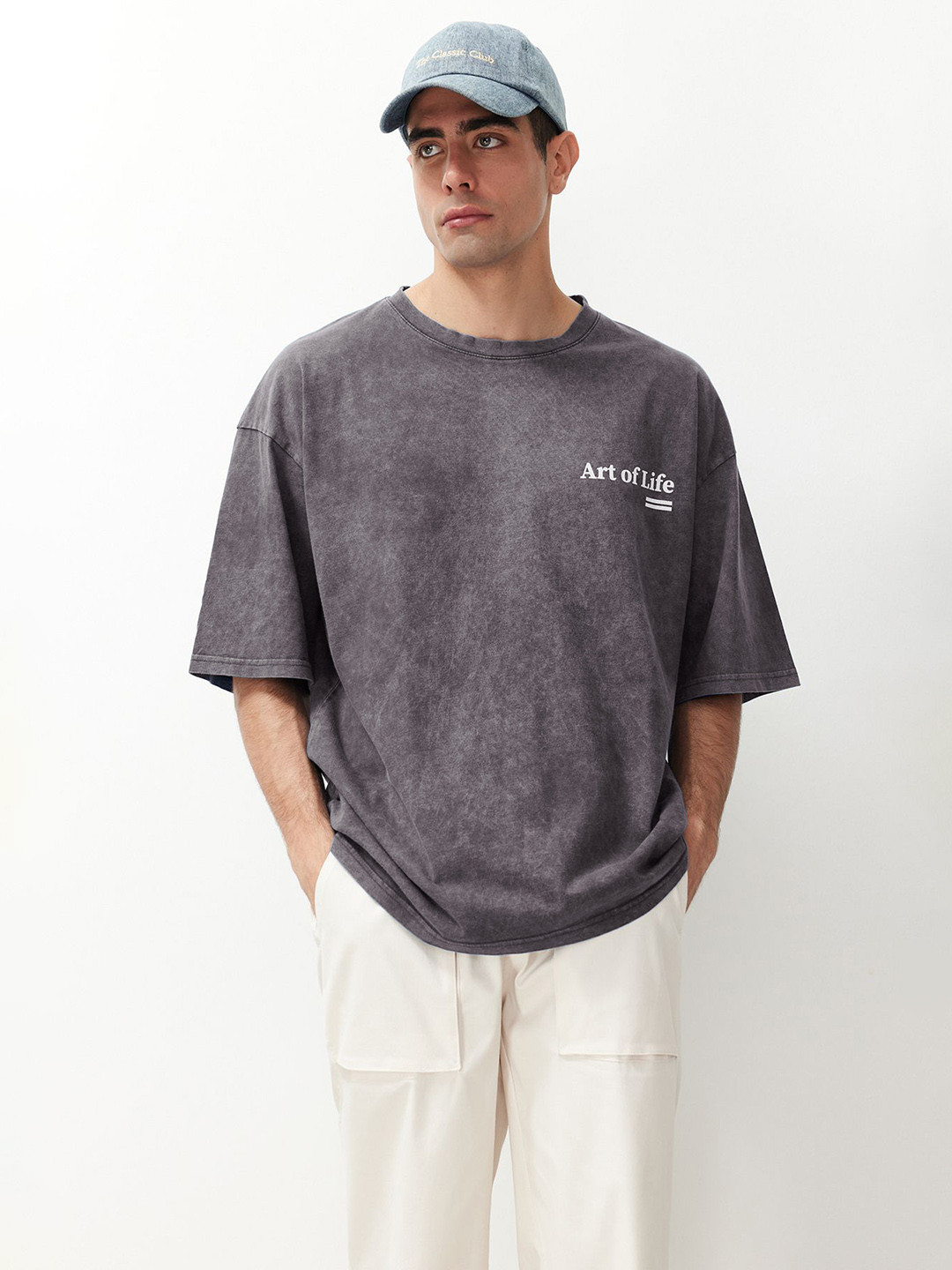 Trendyol Men Checked Henley Neck Extended Sleeves Raw Edge T-shirt