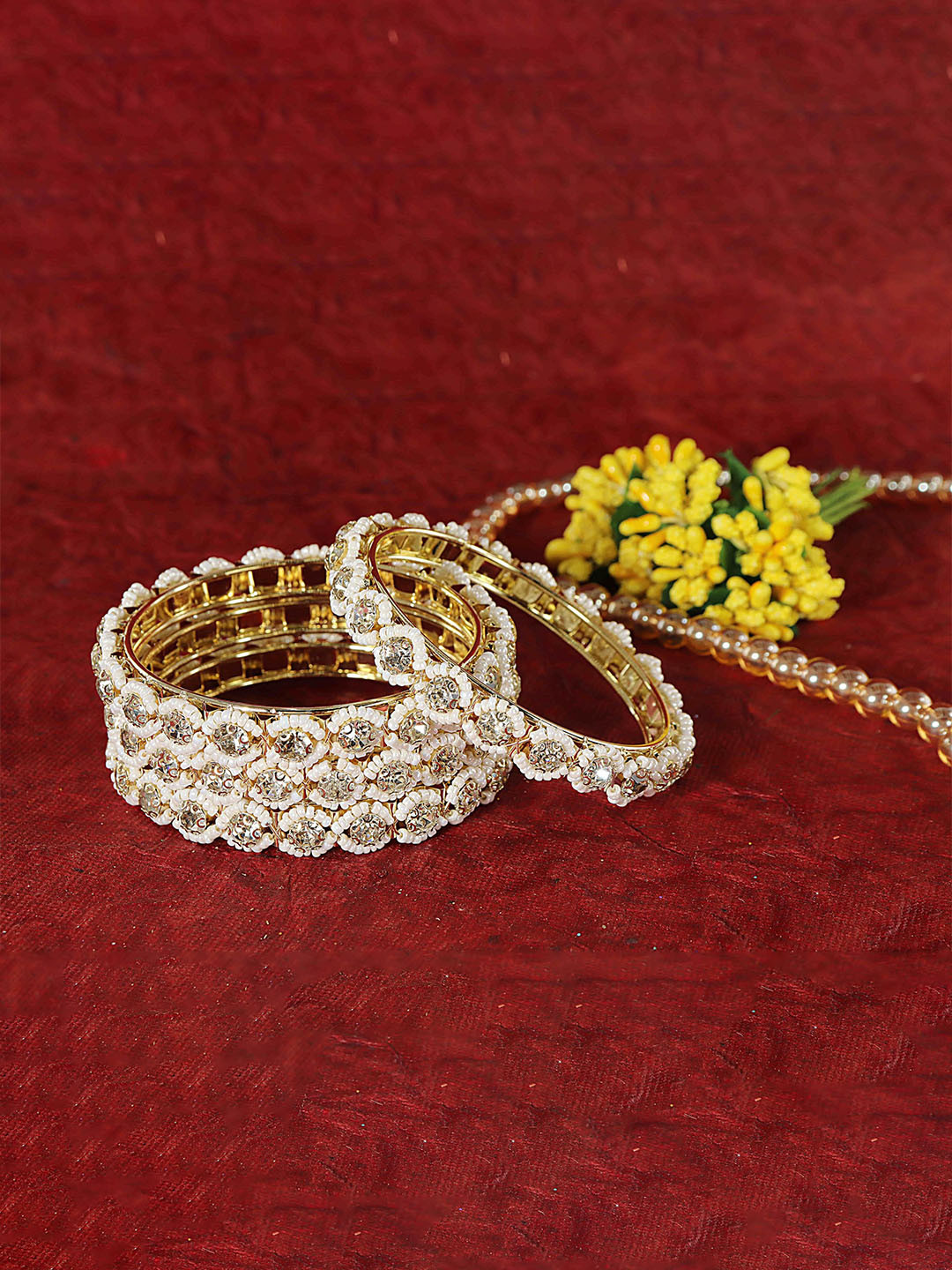 ZULKA Set of 4 Metal White Moti Bangles with Zircon Diamond Stone For Women