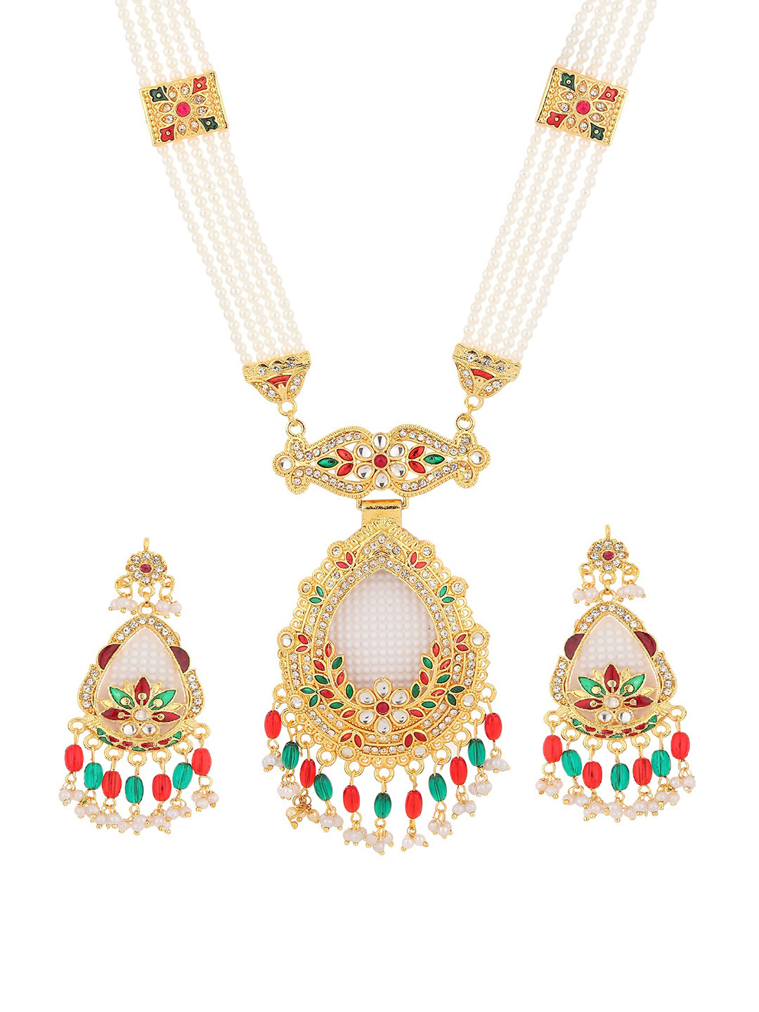 RHOSYN Gold Plated CZ Studded & Beaded Jewellery Set