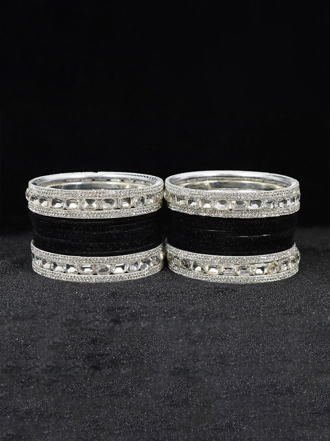 ZULKA Set of 28 Black & White Stone Studded Silver-Plated Metal Velvet Bangles