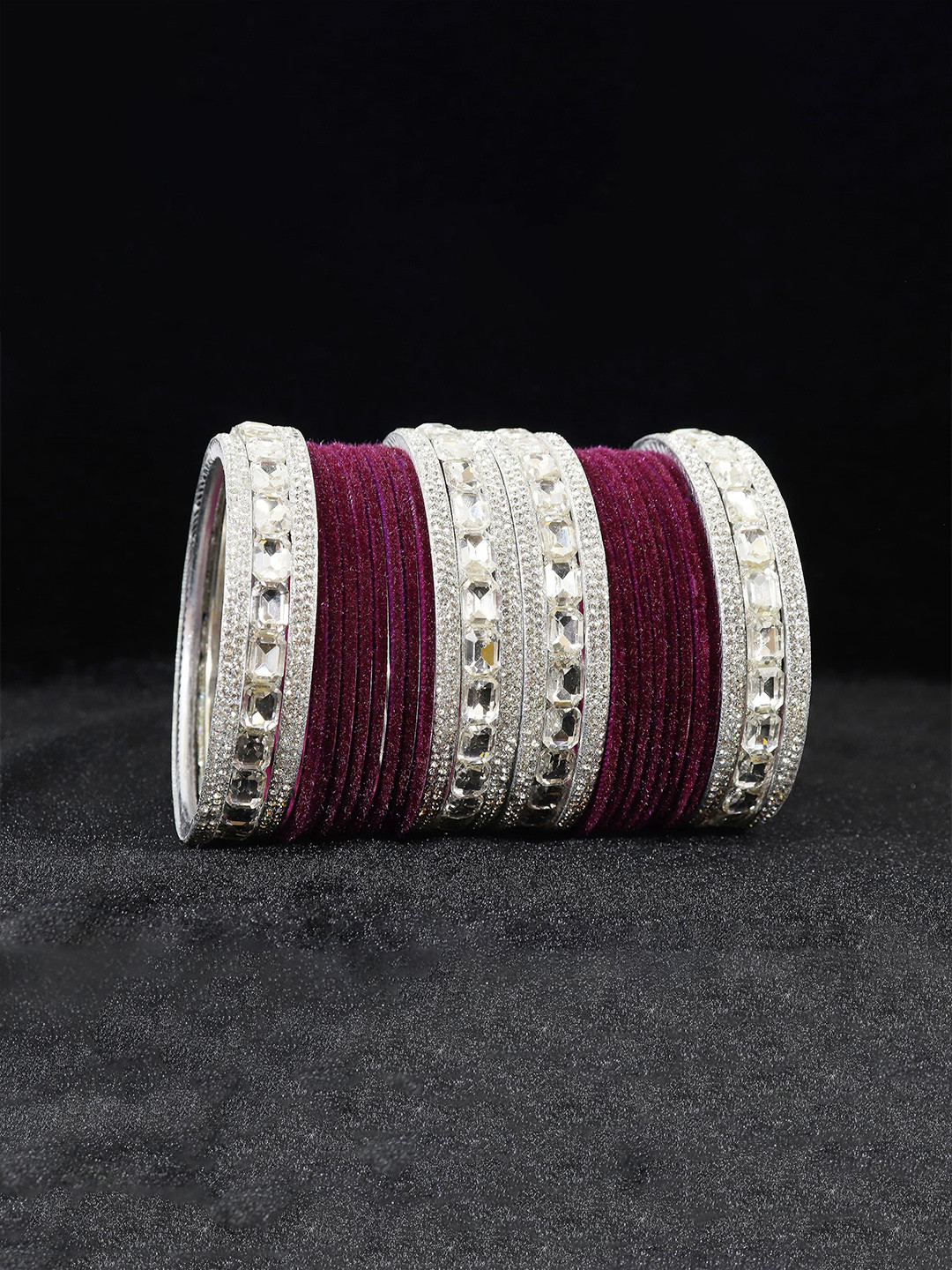 ZULKA Set Of 28 Metal Bangles Studded with Zircon Gemstone and Velvet Bangles