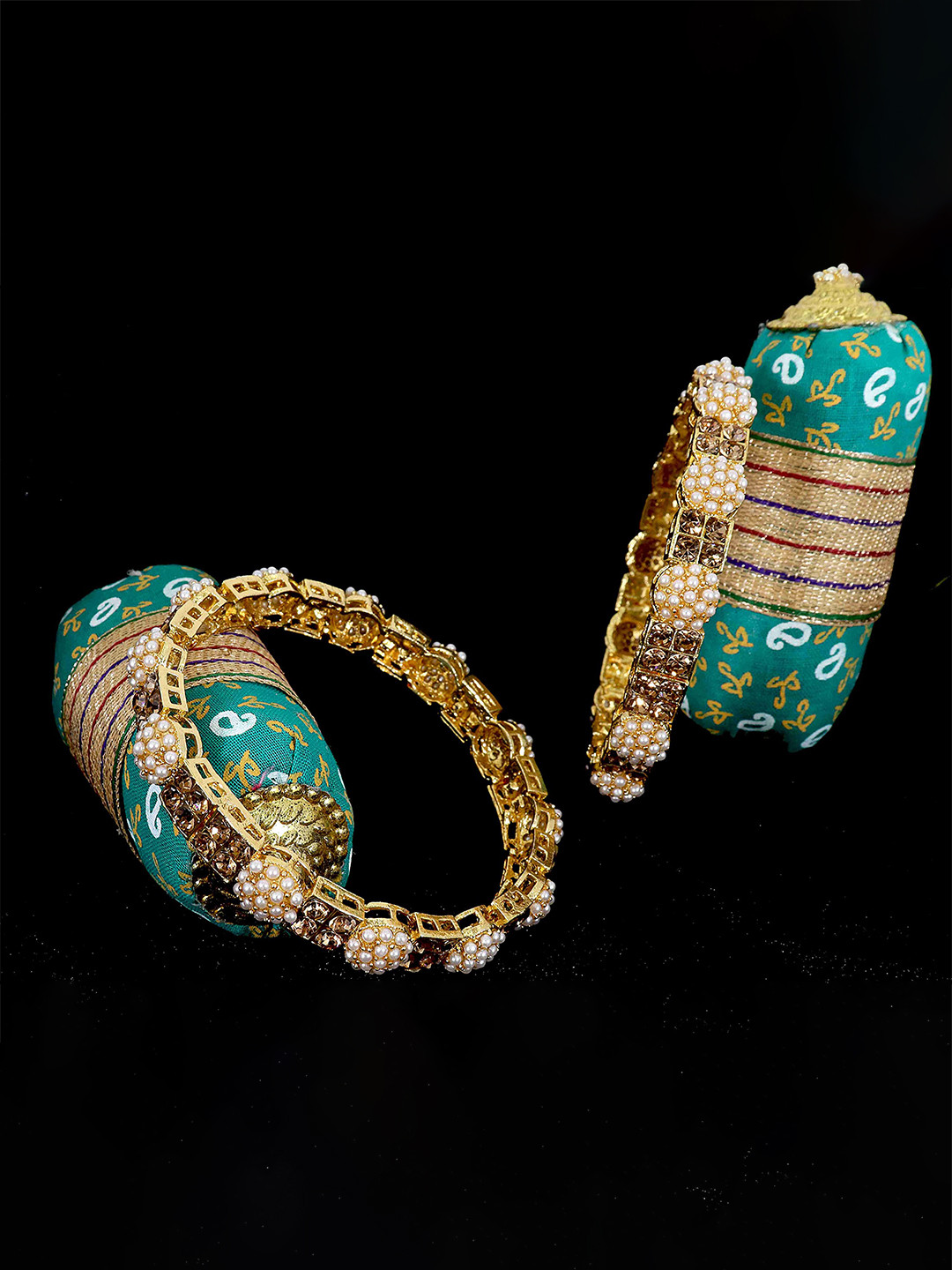 ZULKA Set Of 2 Zicon Gemstone and Moon Pearls Kada Bangles