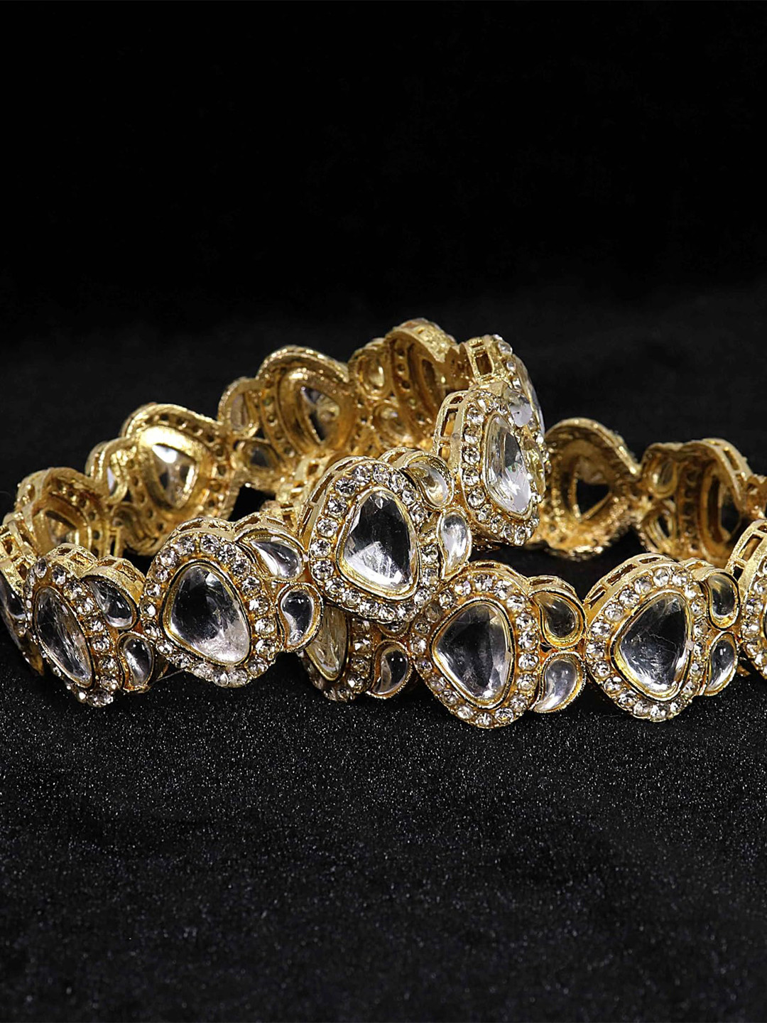 ZULKA Set Of 2 Gold Plated Stylish Metal Zircon Diamond & Kundan Mirror Bangles Kada