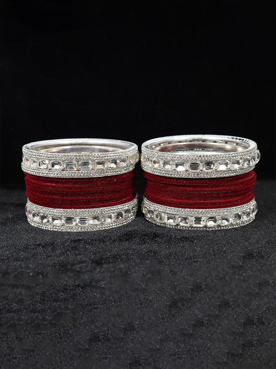 ZULKA Set Of 28 Alloy Base Velvet Finish Artificial Studded Bangles