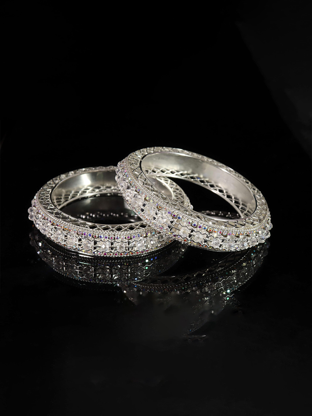 ZULKA Set OF 2 Alloy Base Premium Metal Zircon Gemstone & Pearls Moti Beads Bangle